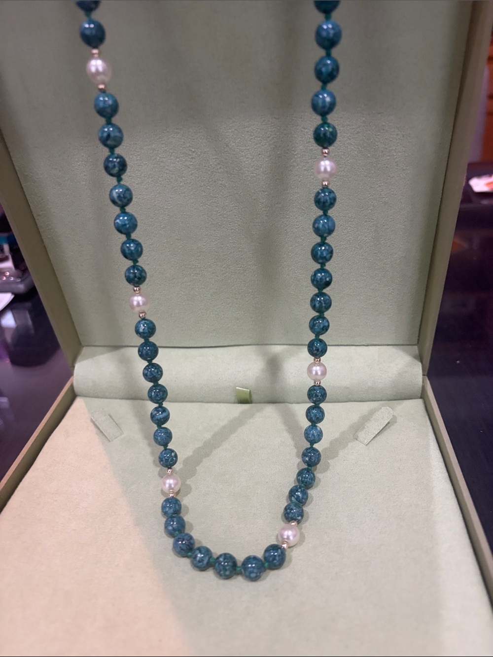 Teal Beaded Necklace with White Pearl Accents
